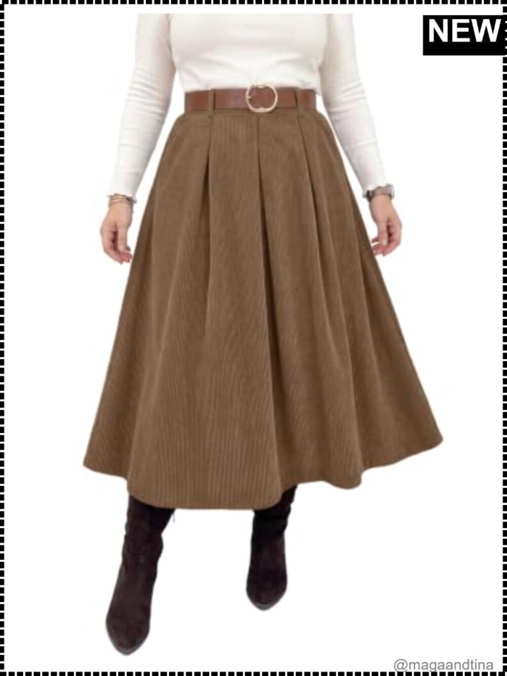 Womens Plus Size Corduroy A-Line Pleated Midi Skirt with Pockets